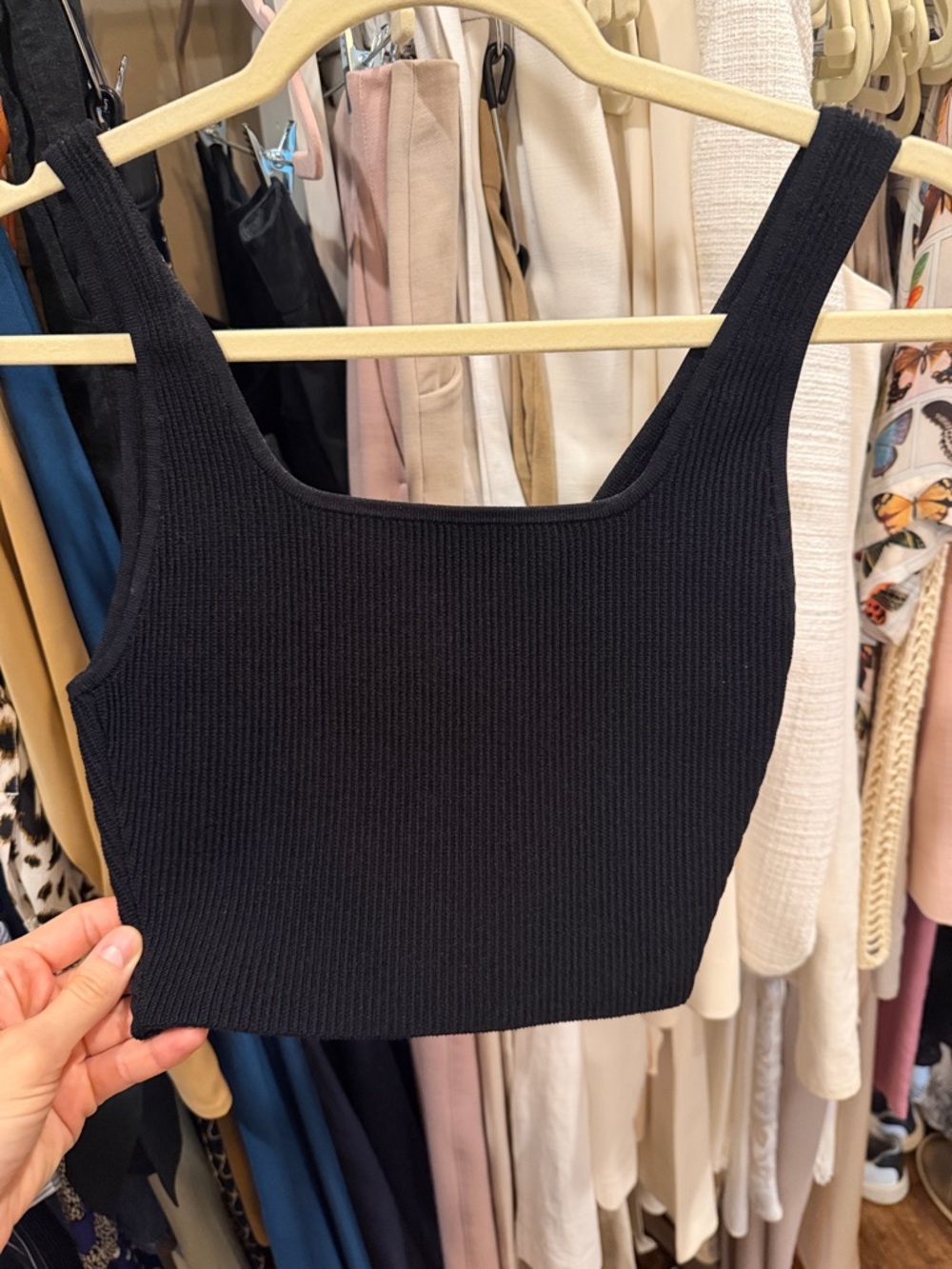 Aritzia Black Ribbed Square-Neck Cropped Tank Top